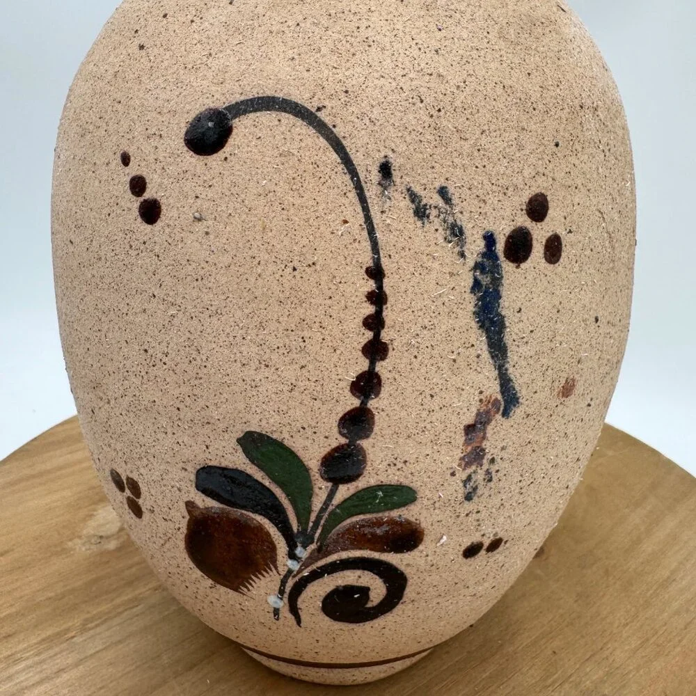 Vintage Tonala Bird Flower Vase Pottery Hand Painted Signed neutral color palett